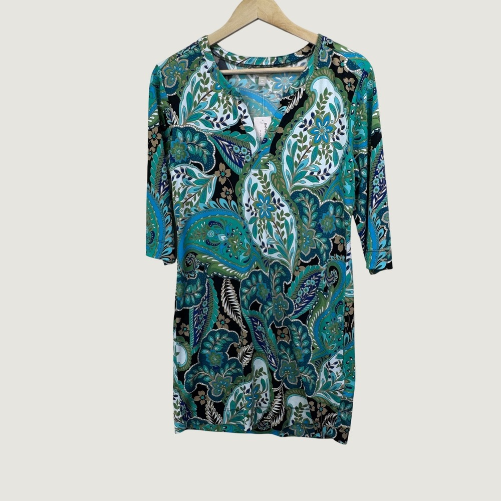 Banana Republic Paisley Print Dress PM Blue Green Petite Boho 3/4 Sleeve Jersey